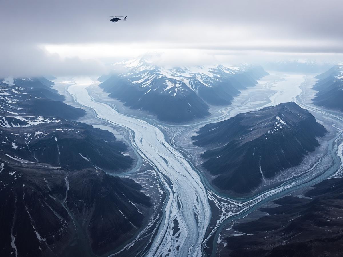 Aerial view of an arctic mountain range with a small helicopter for scale