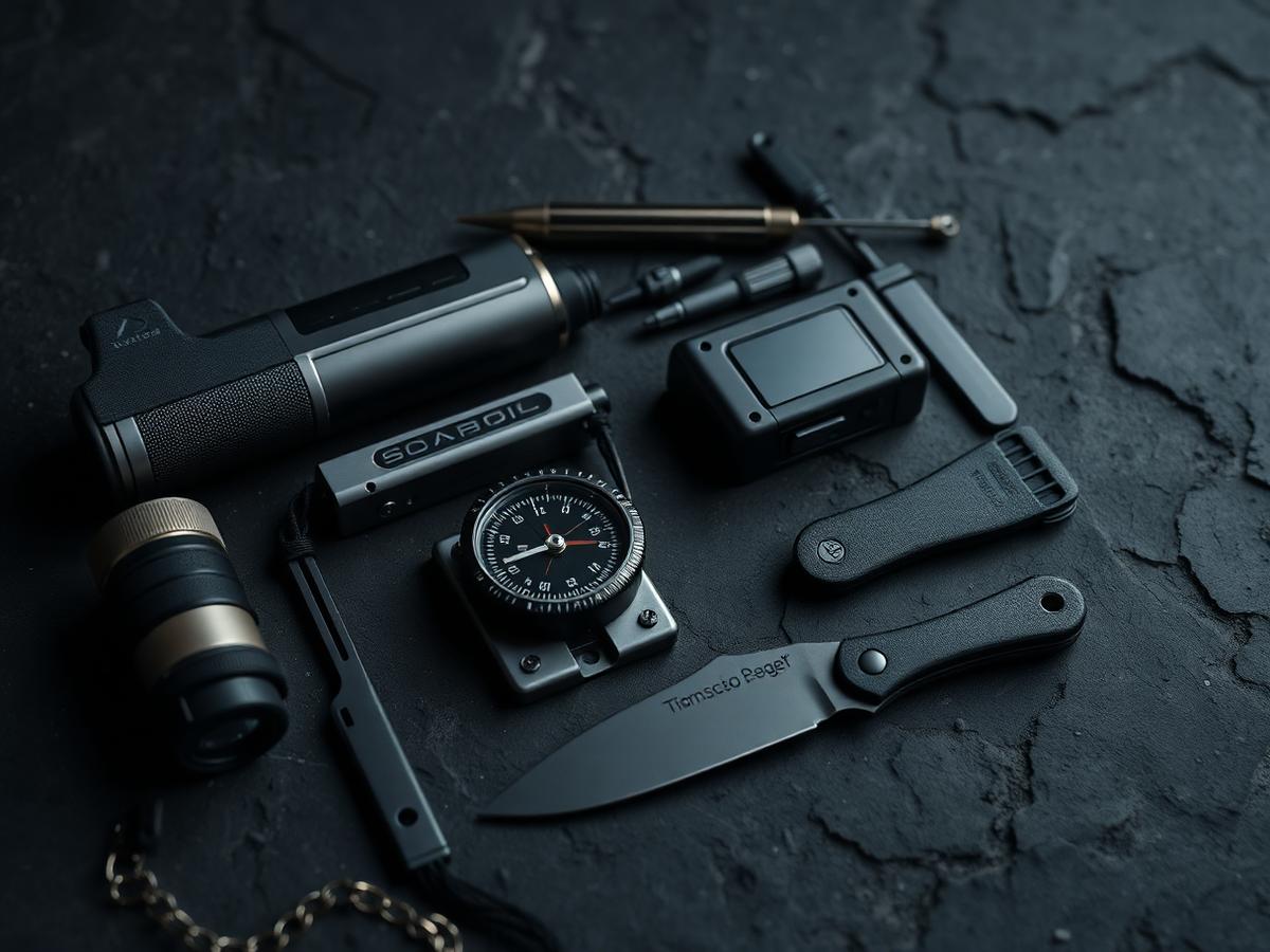 Technical titanium expedition gear laid out on a dark stone surface